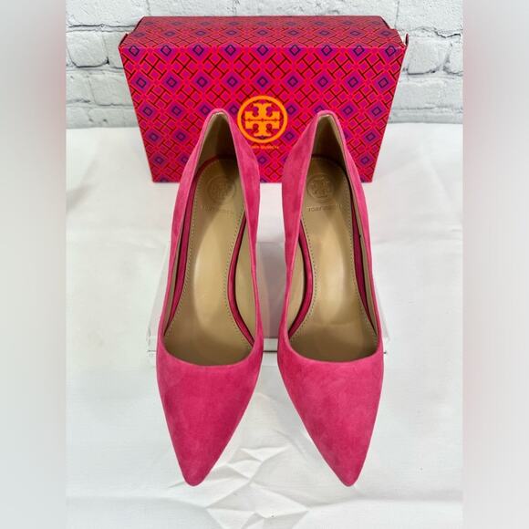 #TORY BURCH Elana 85mm Pump Kid Suede Pink Size 7.5 - Picture 1 of 9